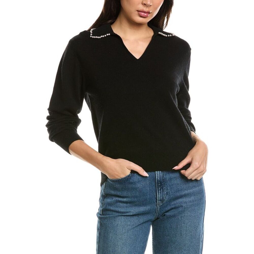 Brodie Cashmere Womens  Pearl Collar Wool & Cashmere-Blend Polo Sweater, Black